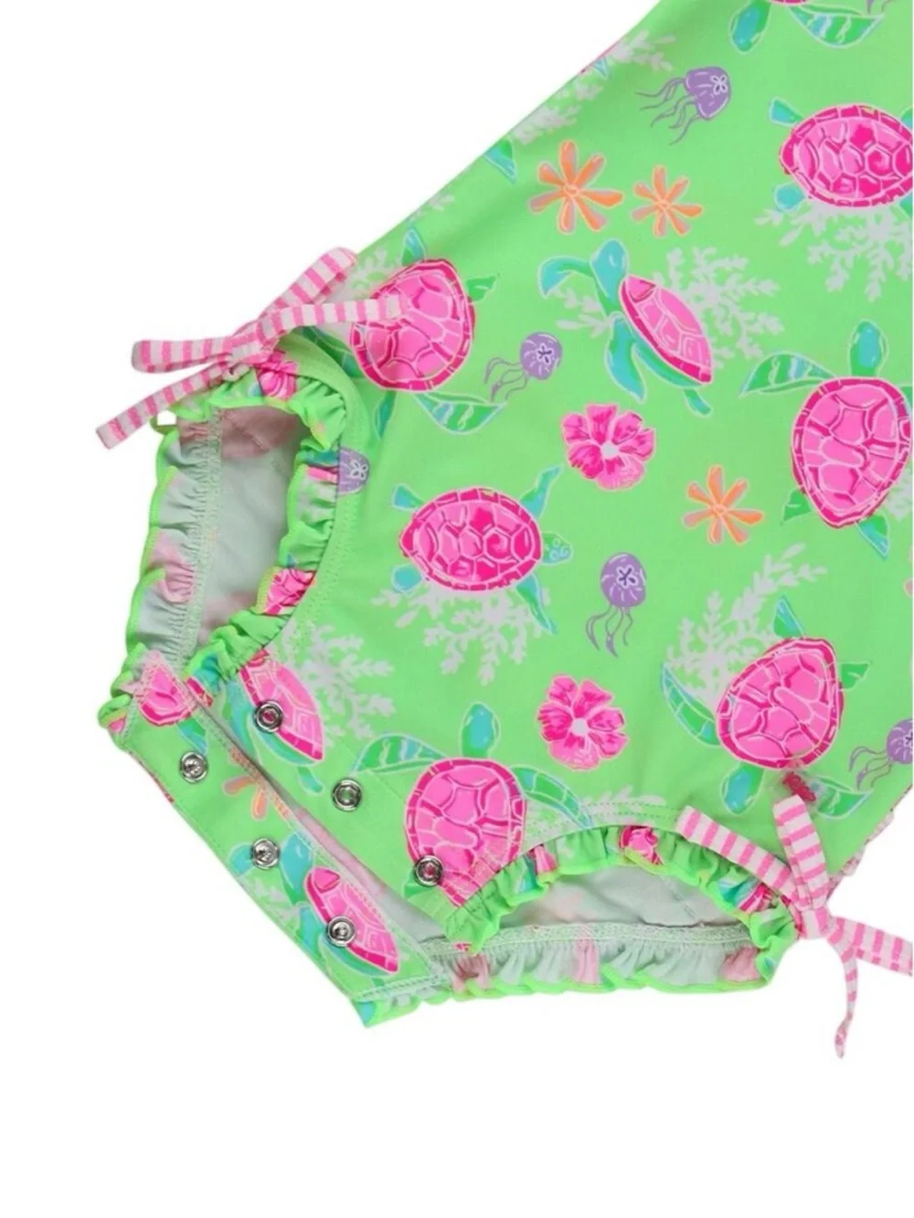 RuffleButts Neon Turtle Tide Long Sleeve Rash-guard Swimsuit 2T